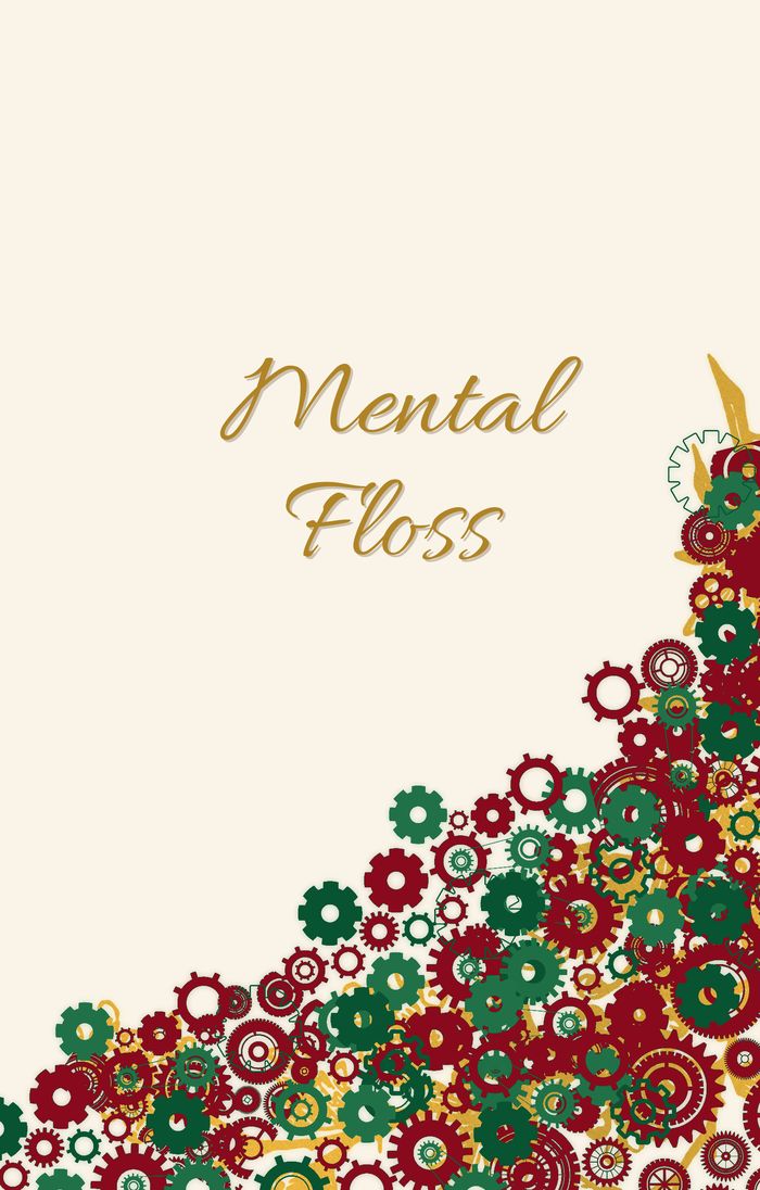Mental Floss cover, gold script over red and green gears