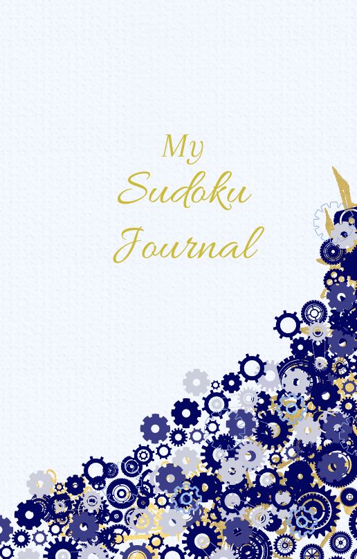 My Sudoku Journal cover, gold script over navy gears